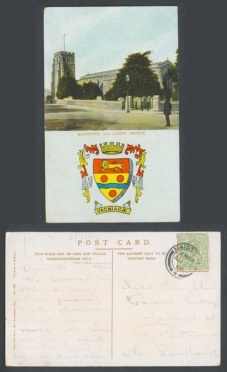Maidstone 1906 Old Colour Postcard All Saints' Church, Street Scene Coat of Arms
