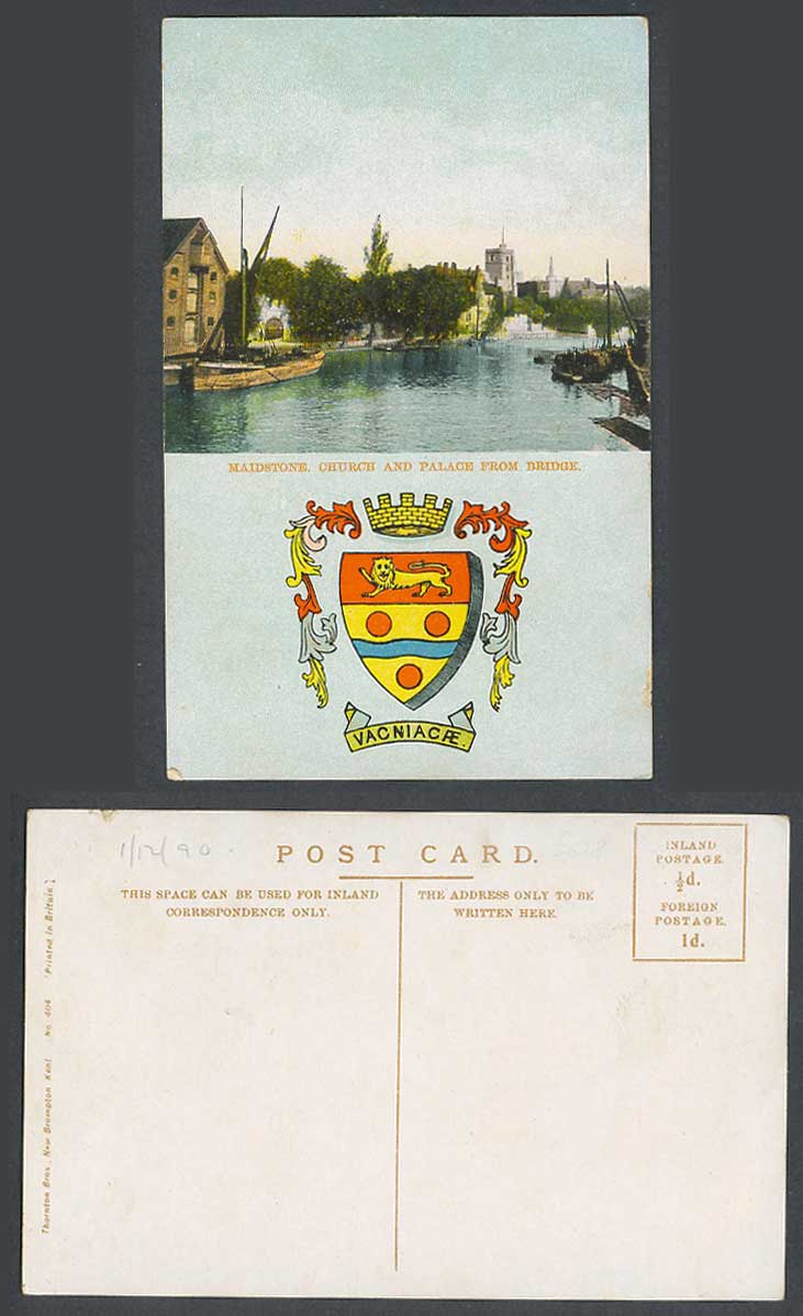 Maidstone Church Palace from Bridge Coat of Arms River Boat Old Colour Postcard