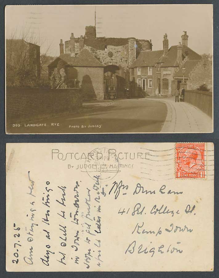 Rye Landgate Sussex 1925 Old Judges' Real Photo Postcard Clock Gate Street Scene