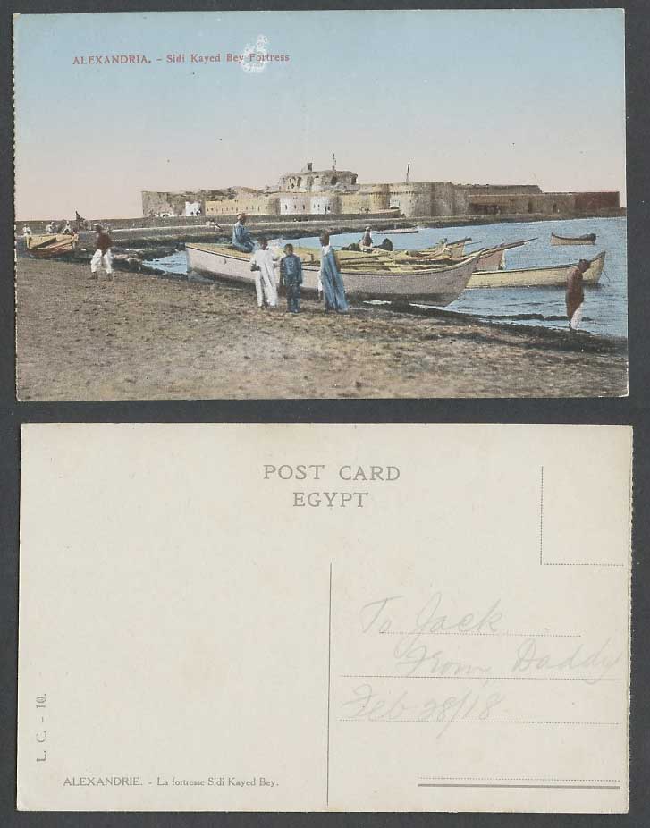 Egypt 1918 Old Colour Postcard Alexandria Sidi Kayed Bey Fortress Boats Boys Men