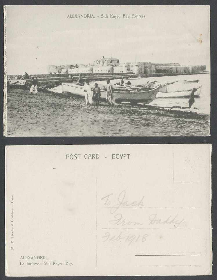 Egypt 1918 Old Postcard Alexandria Sidi Kayed Bey Fortress Boats Boys Alexandrie