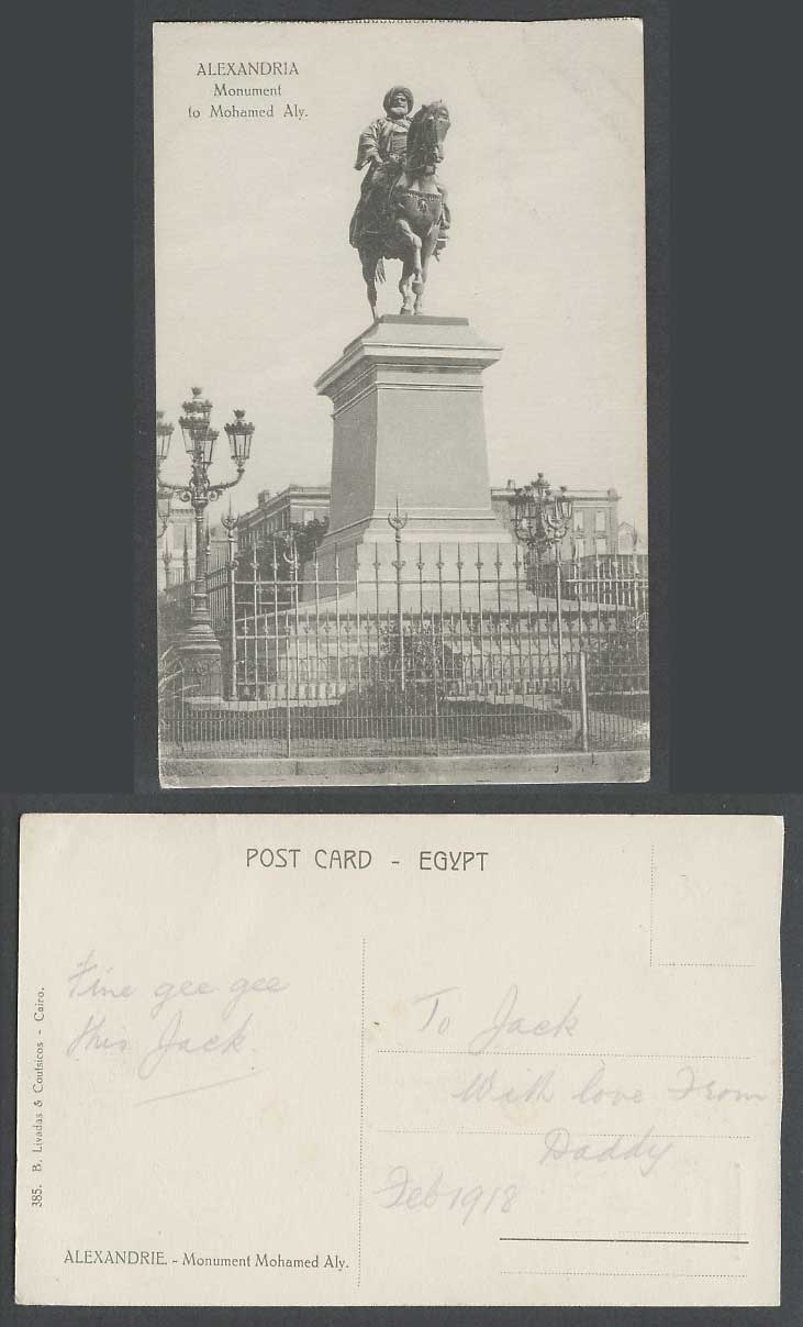 Egypt 1918 Old Postcard Alexandria, Monument to Mohamed Aly, Horse Rider Statue