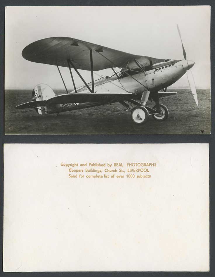 Biplane with J 9834, Warplane Airplane Aircraft Aviation Old Real Photo Postcard