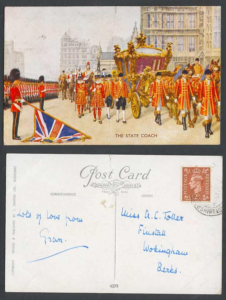 London, The State Coach Guards Flag Street Procession KG6 2d Old Colour Postcard