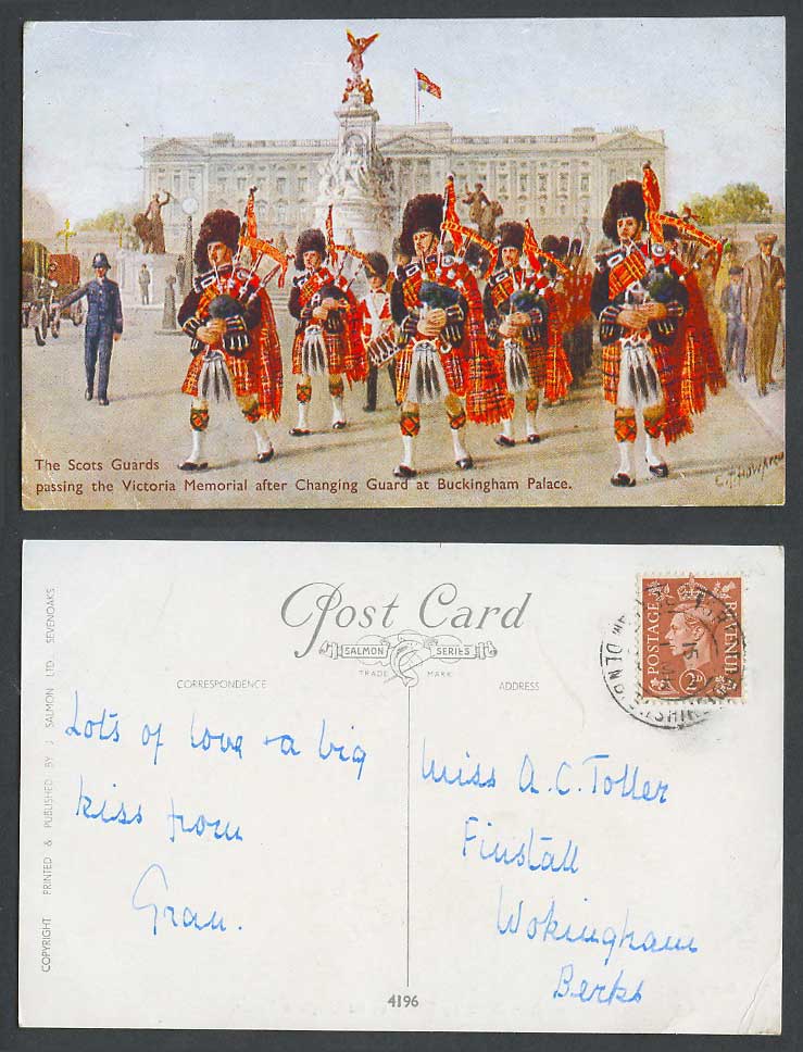Scots Guards Victoria Memorial Buckingham Palace by C T Howard 1953 Old Postcard