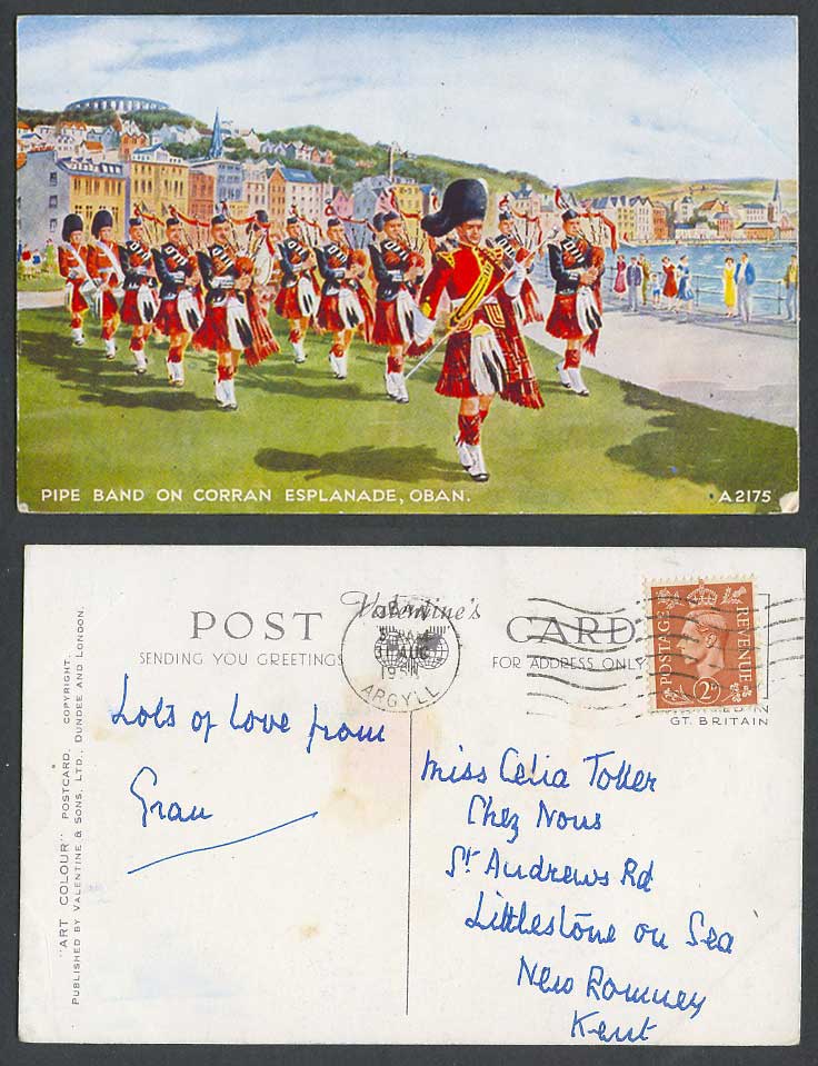 Oban Pipe Band Playing on Corran Esplanade, Parks, Argyll 1953 Old ART Postcard