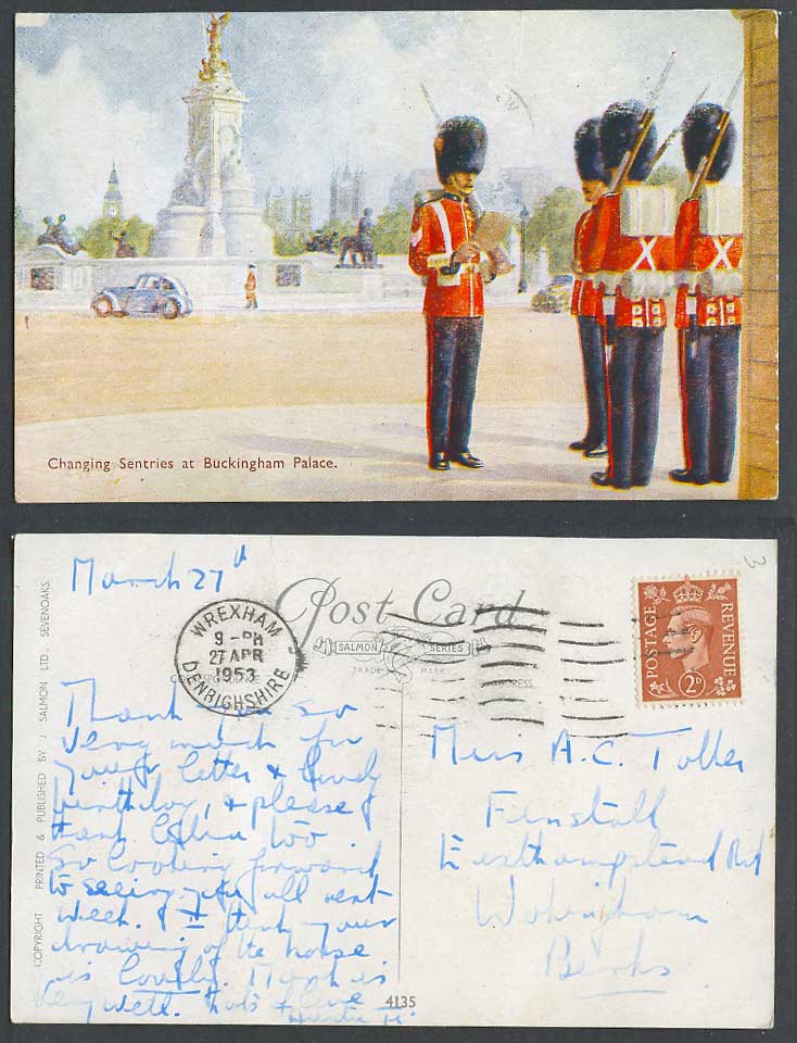 London 1953 Old Colour Postcard Changing Sentries at Buckingham Palace, Guards