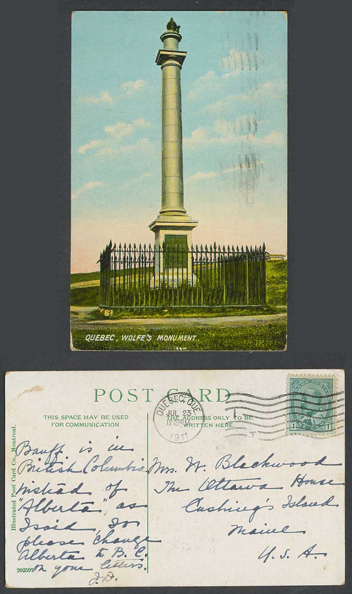 Canada KE7 1c stamp on 1911 Old Colour Postcard Quebec Wolfe's Monument Memorial