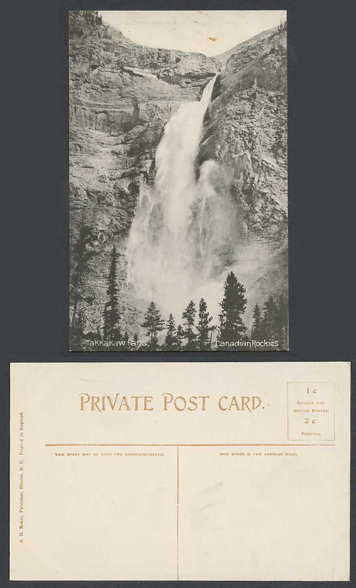 Canada Old Postcard Takkakaw Falls, Waterfalls, Mountains Rocks Canadian Rockies