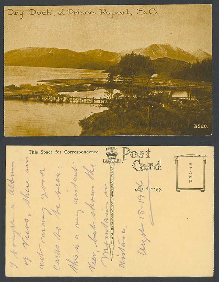 Canada 1916 Old Postcard Dry Dock at Prince Rupert B.C. Bridge Mountain Panorama