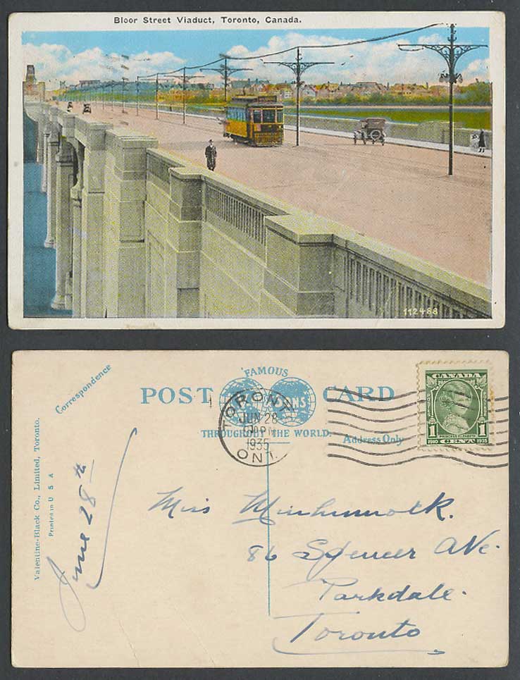 Canada 1c 1935 Old Colour Postcard Bloor Street Viaduct Bridge TRAM Tramway Cars
