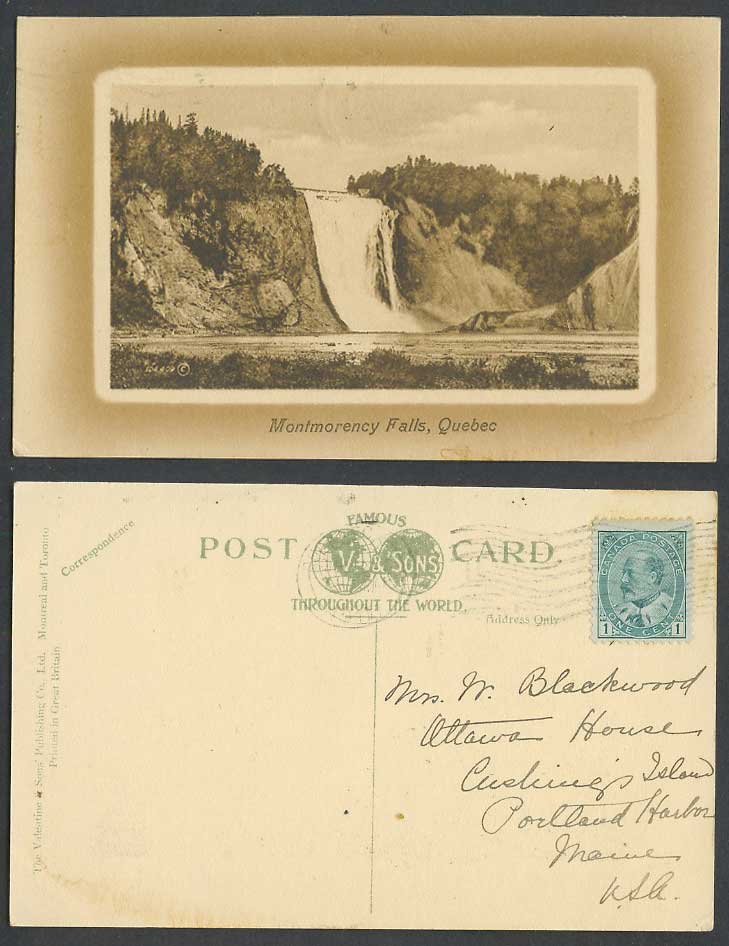 Canada KE7 1c 1911 Old Postcard Quebec Montmorency Falls 276 ft. High Waterfalls