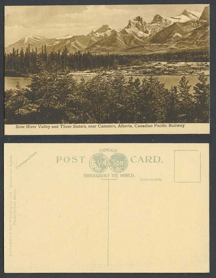 Canada Old Postcard Bow River Valley Three Sisters n Canmore Alberta CPR Railway