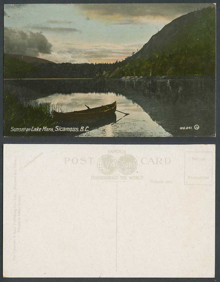 Canada Old Colour Postcard Sunset on Lake Mara Sicamous B.C. Boat Canoe Panorama