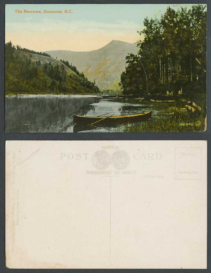 Canada Old Colour Postcard The Narrows Sicamous B.C. British Columbia Boat Canoe
