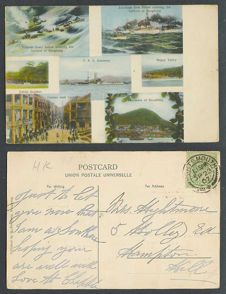 Hong Kong GB 1907 Old Postcard VSS Monterey American Fleet Torpedo Boats Harbour