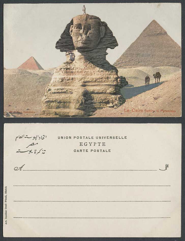 Egypt Old UB Postcard Cairo Man on Top of Sphinx, Pyramids Caire Pyramides Camel
