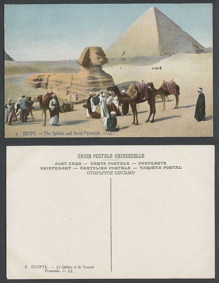 Egypt Old Postcard Cairo Sphinx Great Pyramids, Camels Camera Photographer L.L.3