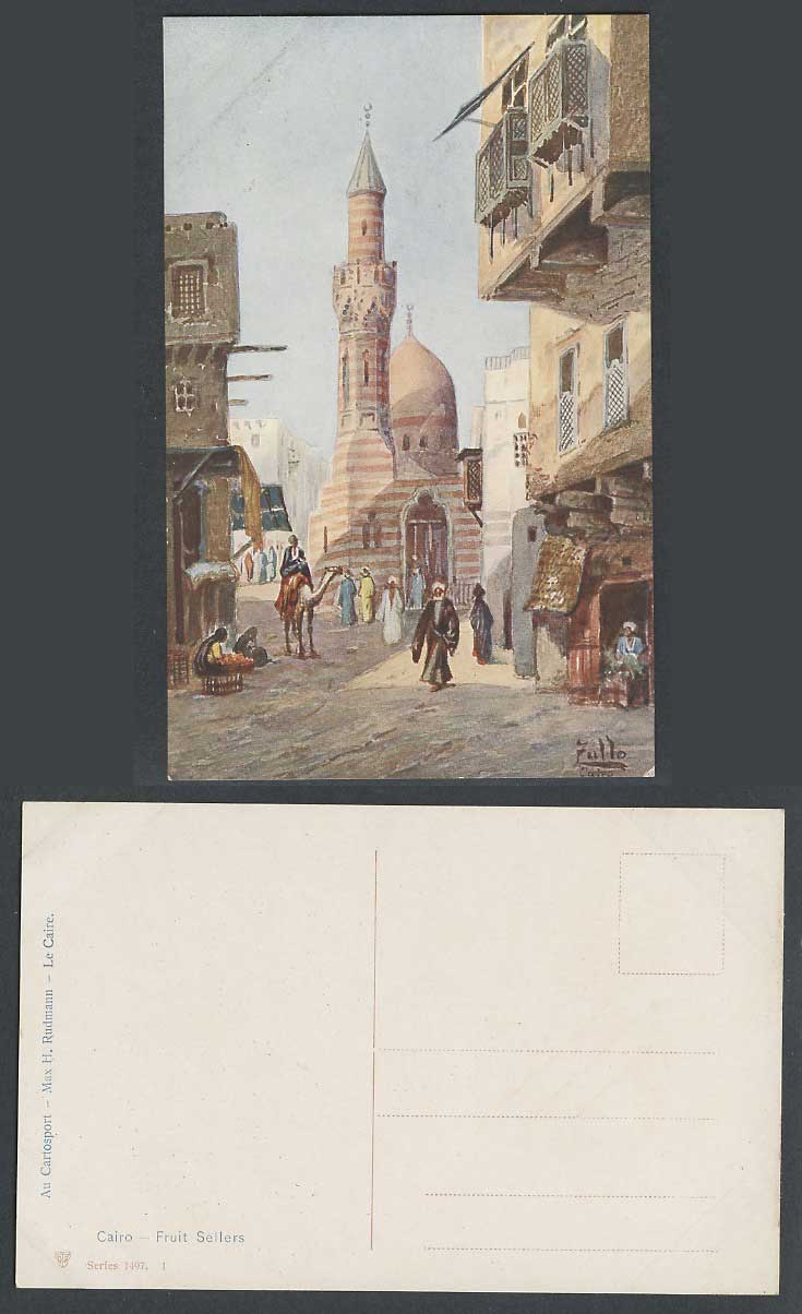 Egypt ZULLO Artist Signed Old Postcard Cairo Fruit Sellers, Street Scene, Mosque