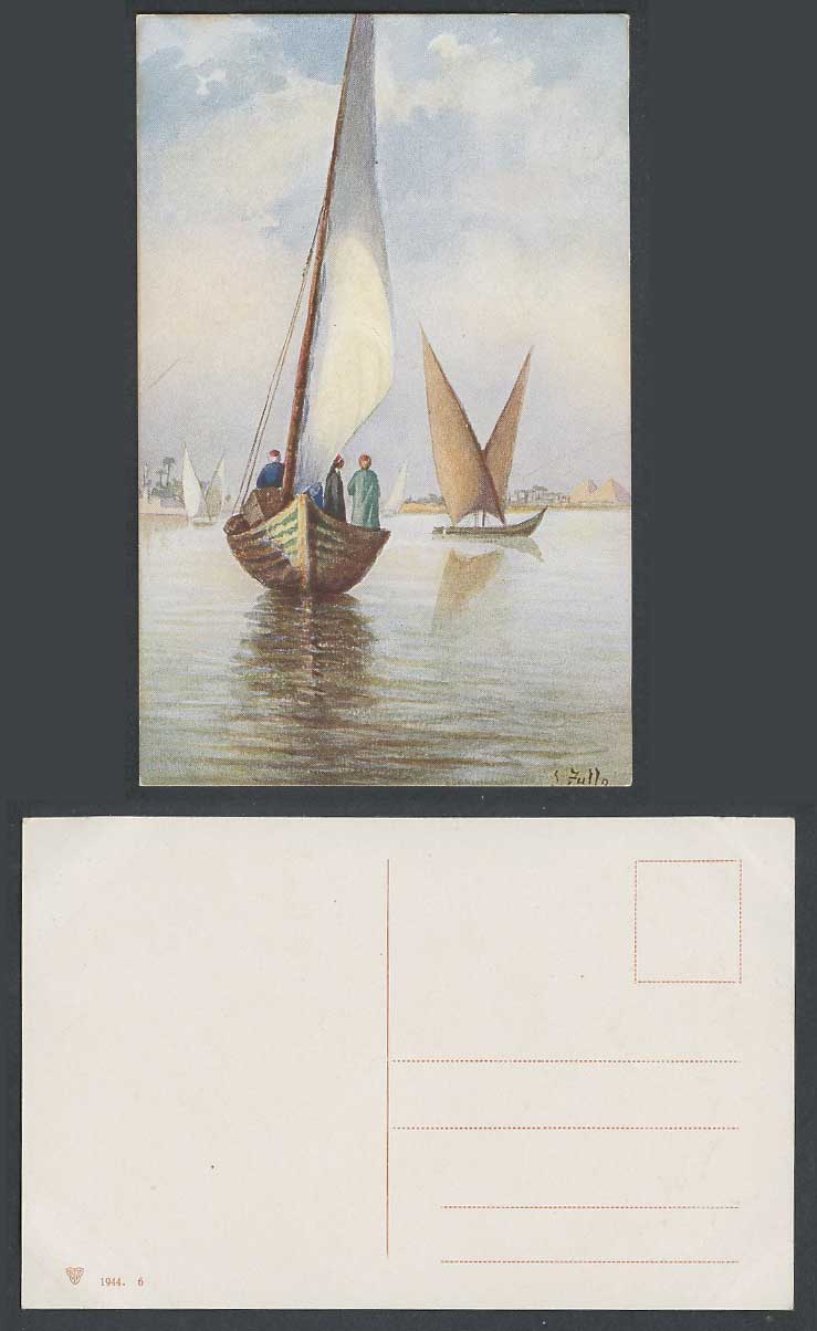 Egypt L. Zullo Artist Signed Old Postcard Native Sailing Boats Pyramids Nil Nile