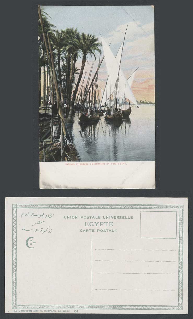 Egypt Old Colour Postcard Boats Palm Trees on Banks of Nile River Scene, Barques