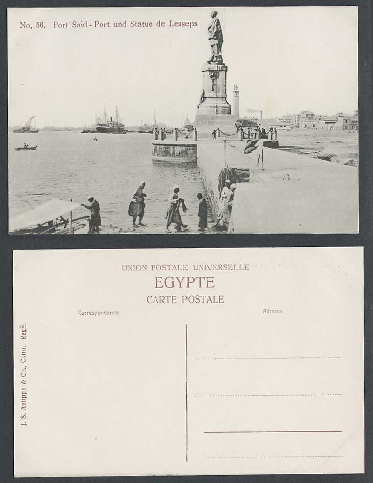 Egypt Old Postcard Port Said Harbour & Lesseps Statue, Landing Place Ships Boats