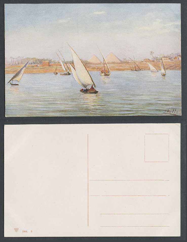 Egypt L. Zullo Artist Signed Old Postcard Native Sailing Boats Pyramids Panorama