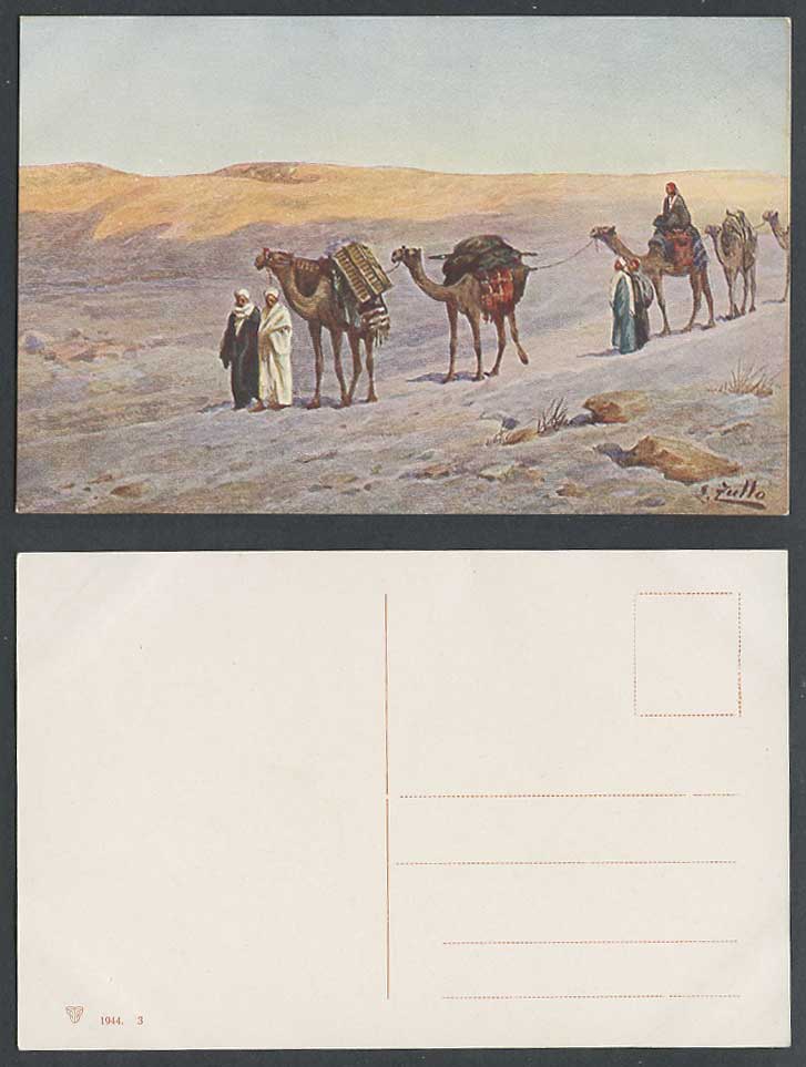 Egypt L. Zullo Artist Signed Old Postcard Camel Caravan & Camels Arab Men Desert