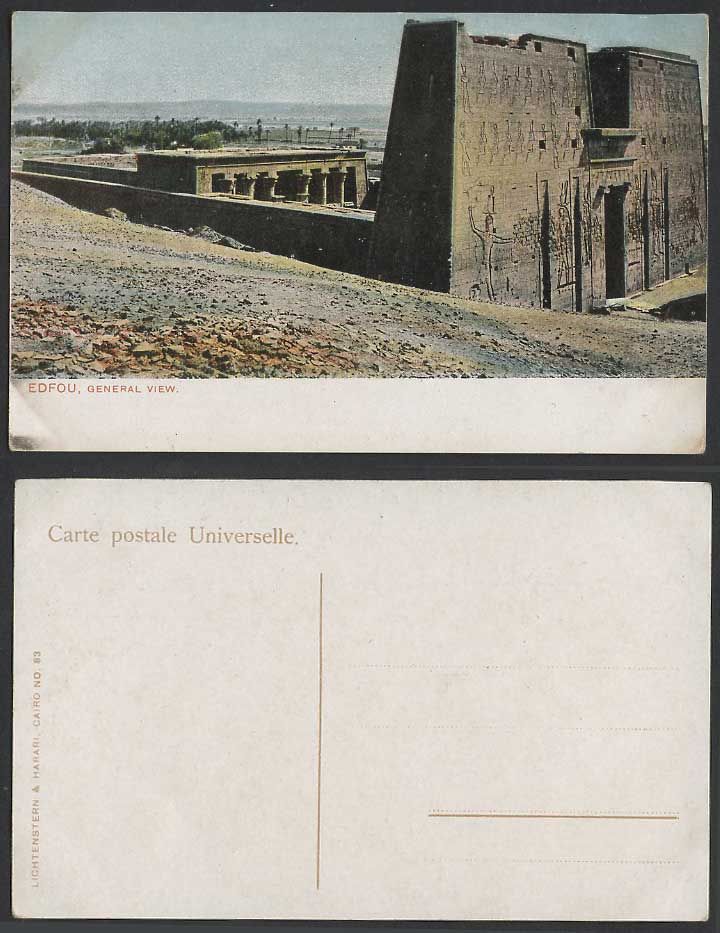Egypt Old Colour Postcard Edfu Edfou Temple of Horus General View Carvings Gate