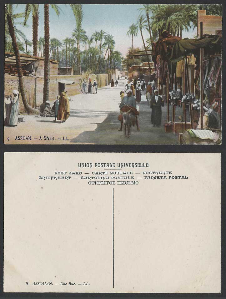 Egypt Old Postcard Assuan Assouan Aswan A Street Scene, Donkey Palm Trees L.L. 9