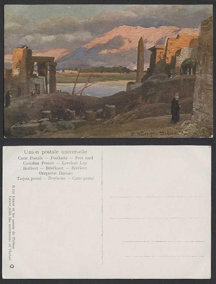 Egypt C. Wuttke Artist Signed Old ART Postcard Luxor Mountains of Thebes Obelisk