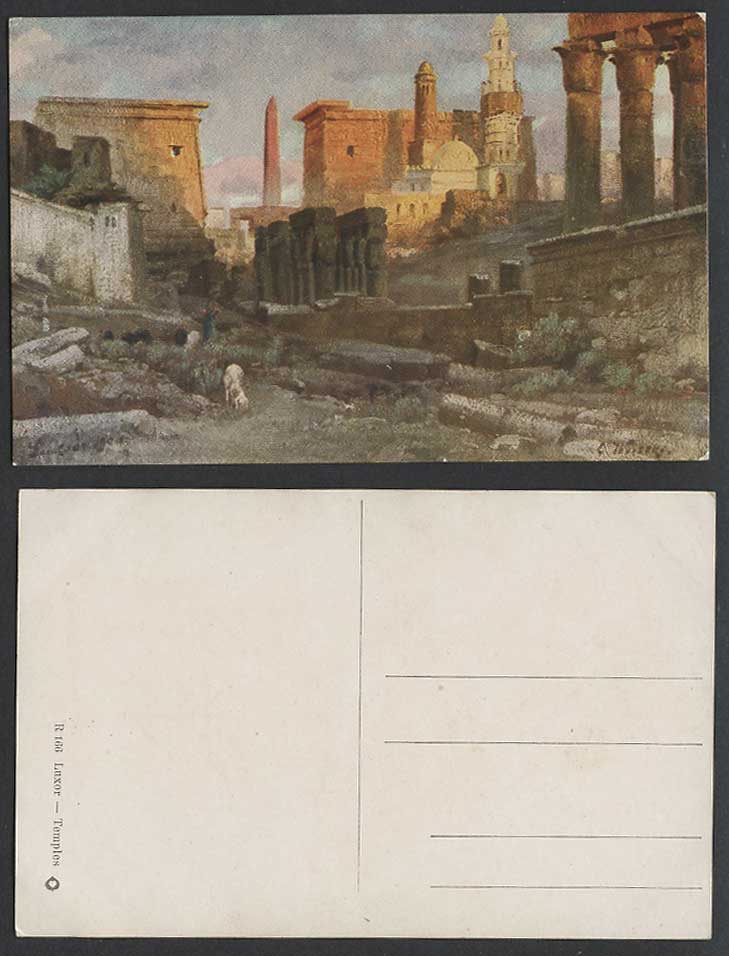 Egypt C. Wuttke Old Postcard Luxor Temples in Morning Temple Ruins Obelisk Sheep