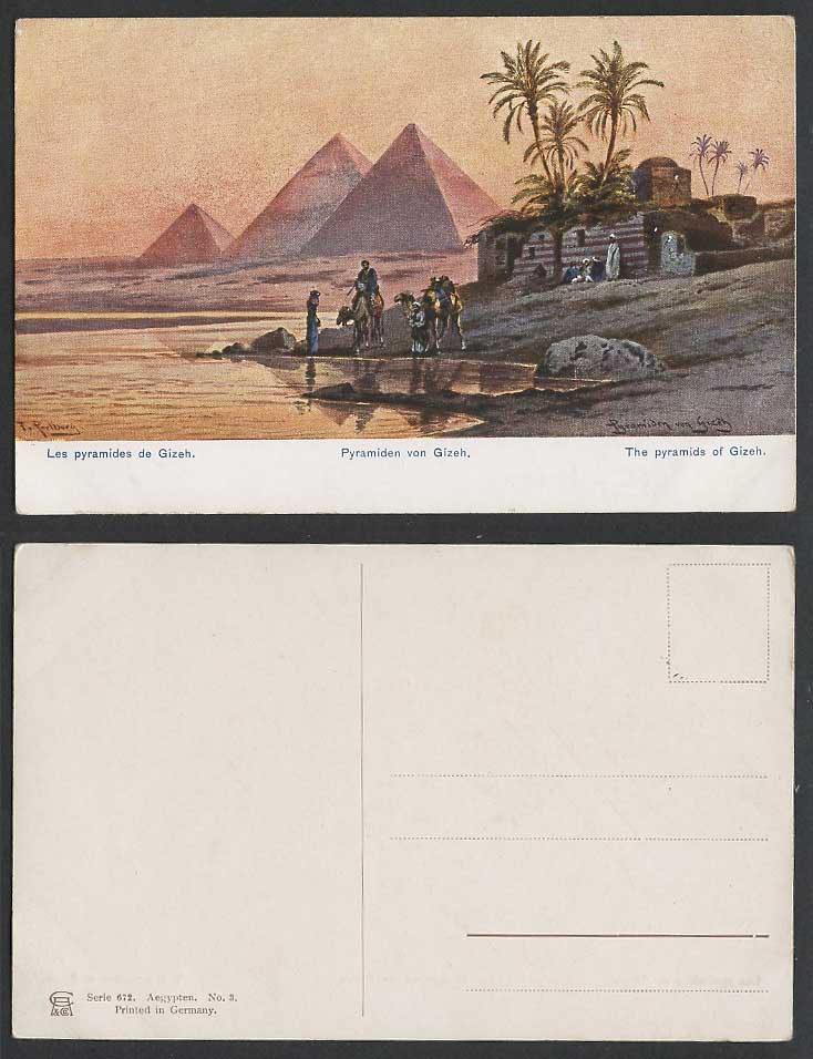Egypt F. Perlberg Old ART Postcard Pyramids Gizeh Giza, Camels Palm Trees Sunset