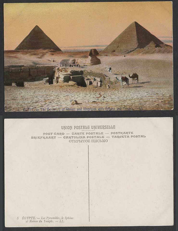 Egypt Old Postcard Pyramids Kheops & Khephren Sphinx Temple Camels Sunset L.L. 5