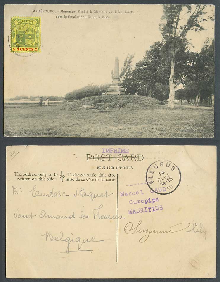 Mauritius 3c 1910 Old Postcard Mahebourg Monument of Heroes Battle of La Passe
