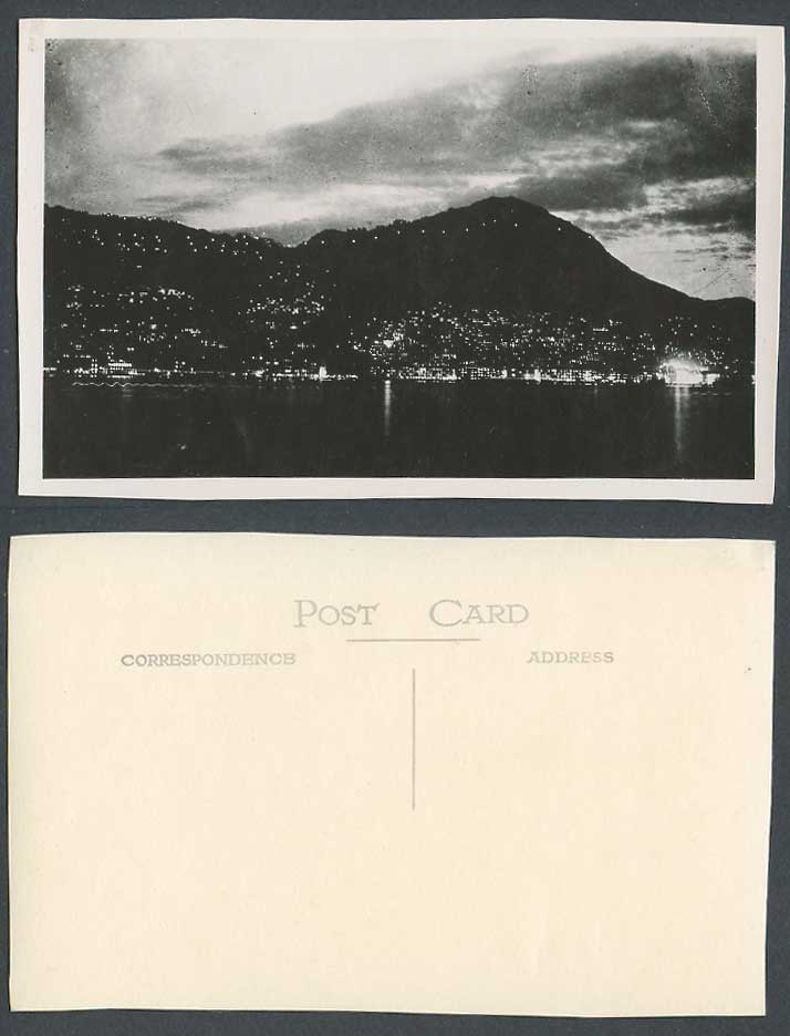 Hong Kong by Night, Illumination, Harbour Peak Mountains Old Real Photo Postcard
