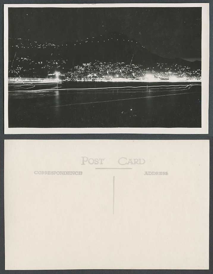 Hong Kong by Night Illumination Harbour Peak Bldgs Old Real Photo Postcard China