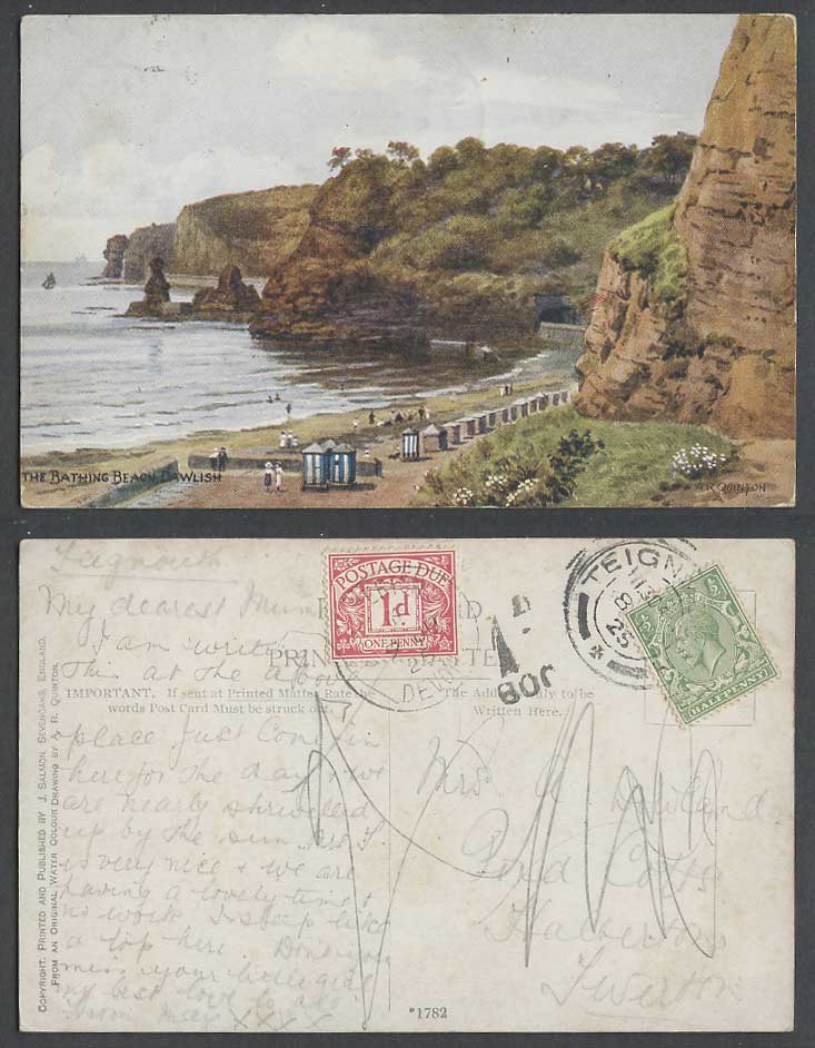 AR Quinton Postage Dues 1925 Old Postcard Dawlish Bathing Beach Huts, Devon 1782