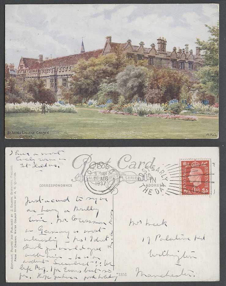 A.R. Quinton 1937 Old Postcard Oxford St. John's College Garden and Flowers 1351