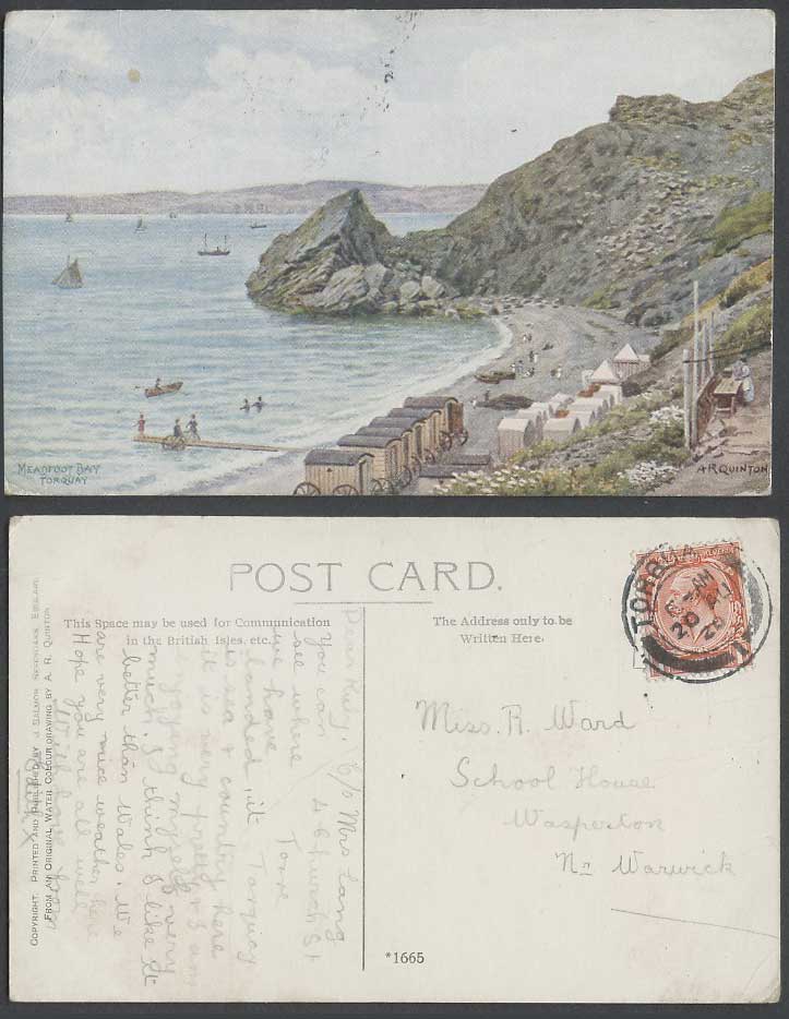 A.R. Quinton 1920 Old Postcard Meadfoot Bay Torquay Devon Beach Bathing Machines