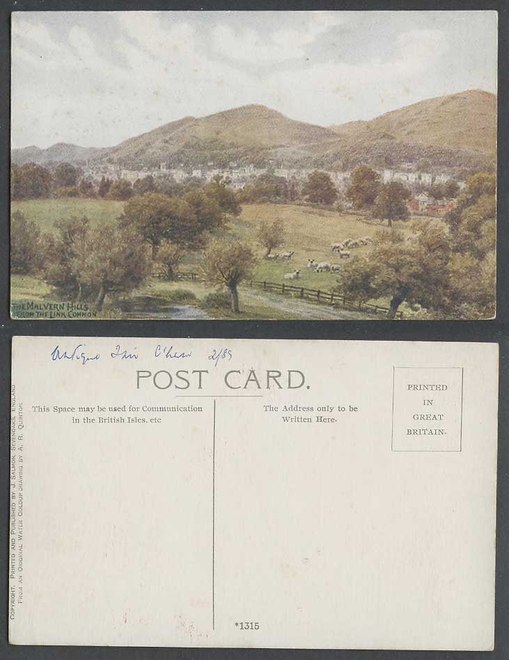 A.R. Quinton Old Postcard The Malvern Hills from the Link Common SHEEP Hill 1315