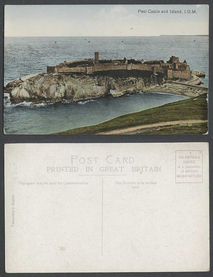 Isle of Man Old Colour Postcard Peel Castle and Island Bridge General View I.O.M