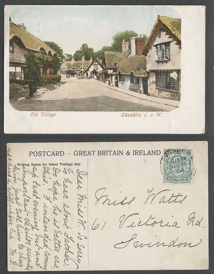 Isle of Wight 1904 Old Hand Tinted Postcard Shanklin Old Village Street Cottages