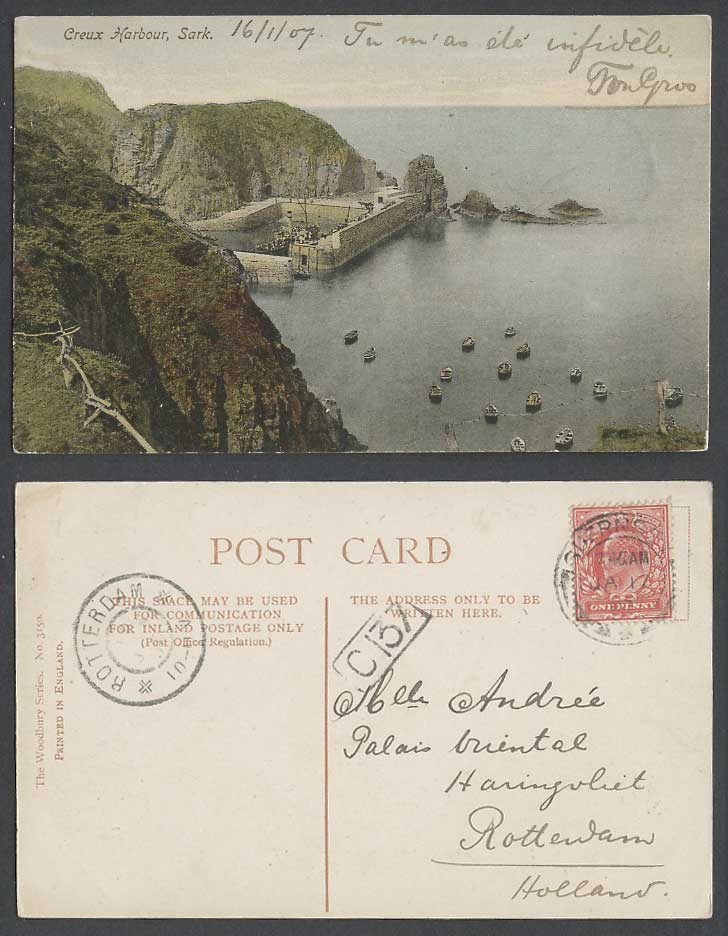 Sark, Creux Harbour, Boats Rocks Cliffs Pier Jetty 1907 Old Hand Tinted Postcard