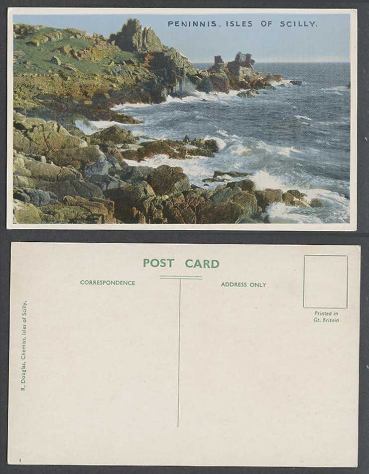 Isles of Scilly, Peninnis Old Colour Postcard Rocks Cliff Coast Coastal Panorama