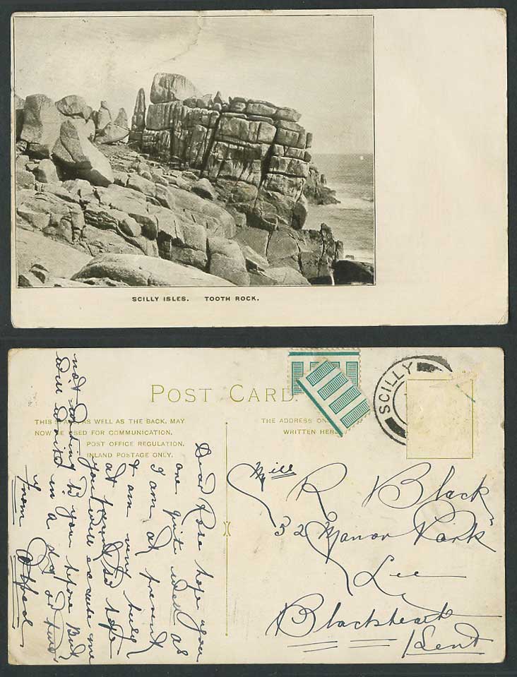Scilly Isles Old Postcard Tooth Rock, Rocks, Coast, Postally used stamp removed