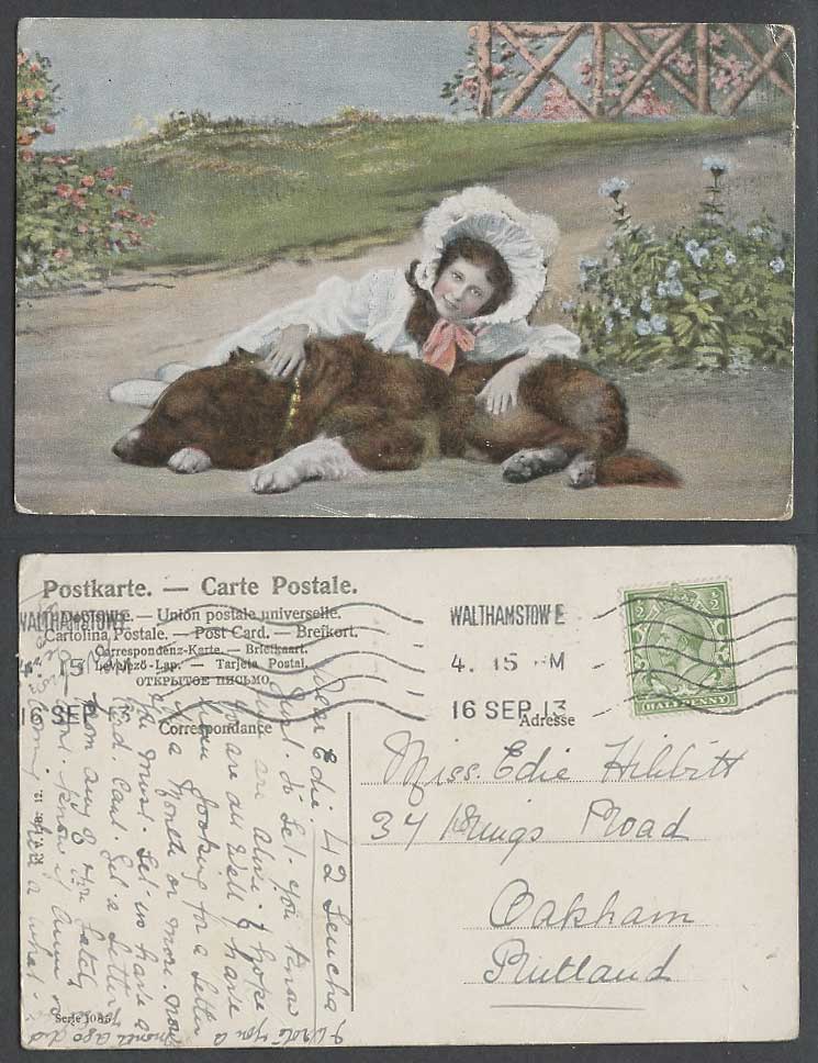St. Bernard Dog Puppy and Little Girl 1913 Old Postcard Children, Flowers Garden
