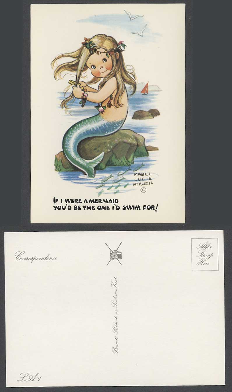 Mabel Lucie Attwell Old Postcard If I Were Mermaid, I'd Swim For You, Fish. LA 1