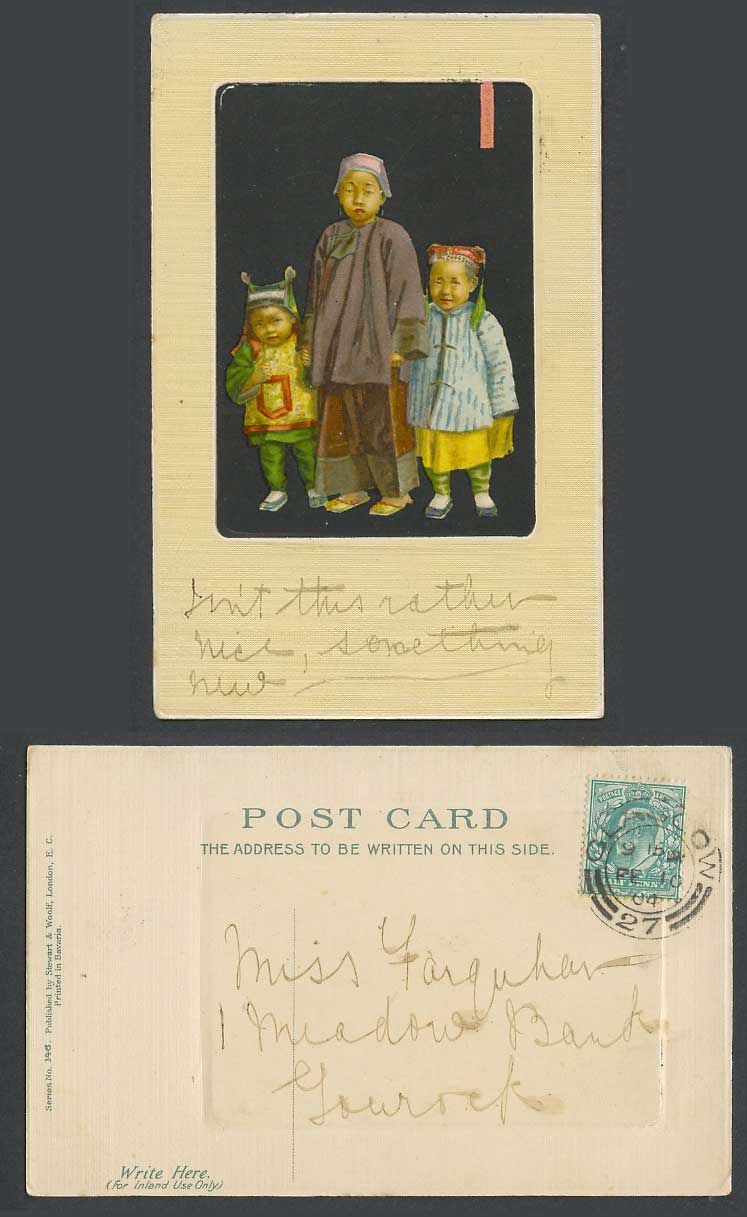 Bertha B. Stuart China GB KE7 1/2d 1904 Old Postcard Chinese Children Boy, Girls