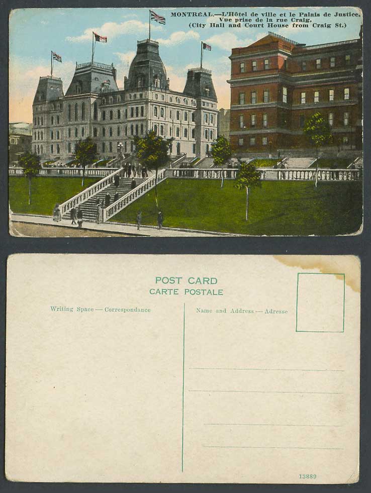 Canada City Hall Court House from Craig Street Montreal Flags Old Color Postcard